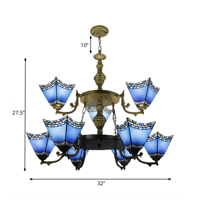 Nautical Pyramid Pendant Lamp 2 Tiers Blue Glass 9 Lights Chandelier with Metal Chain in Blue