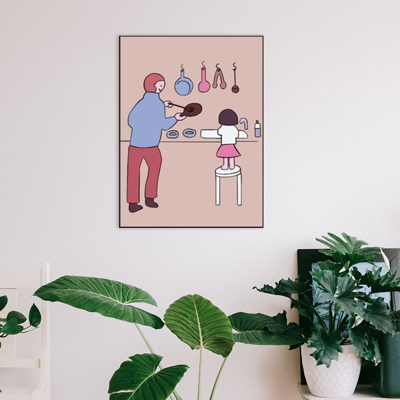 Family Daily Scene Canvas Art Scandinavian Style Textured Wall Decor in Soft Color