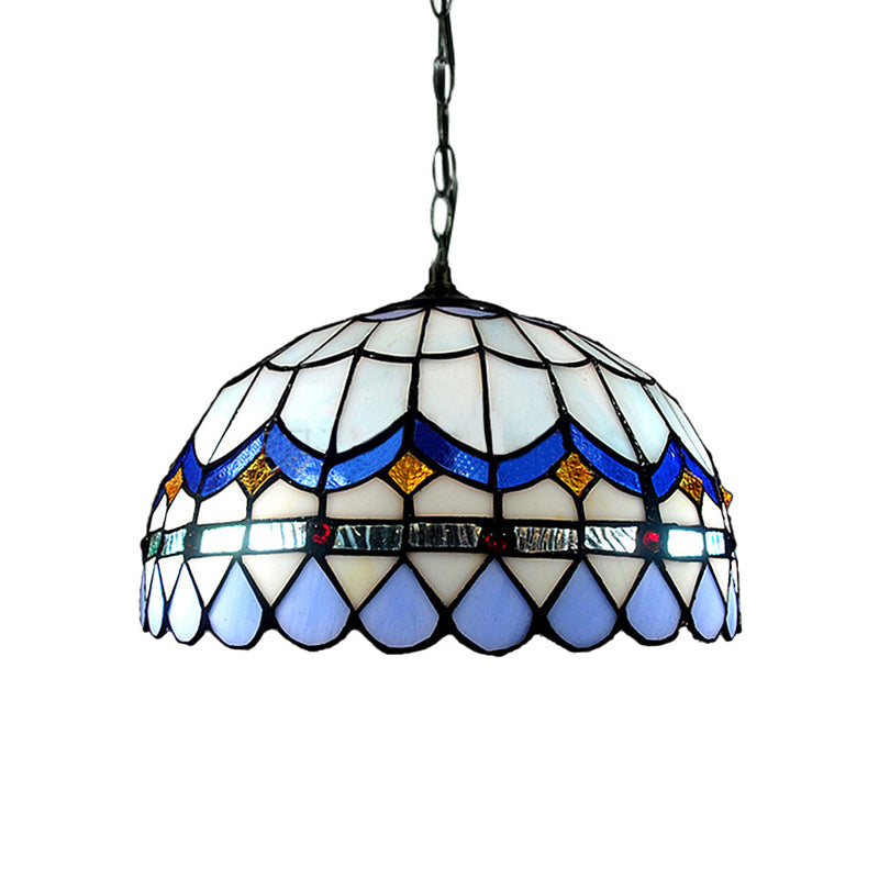 Domed Shade Living Room Suspension Light Stained Glass Traditional Tiffany Hanging Light in Blue
