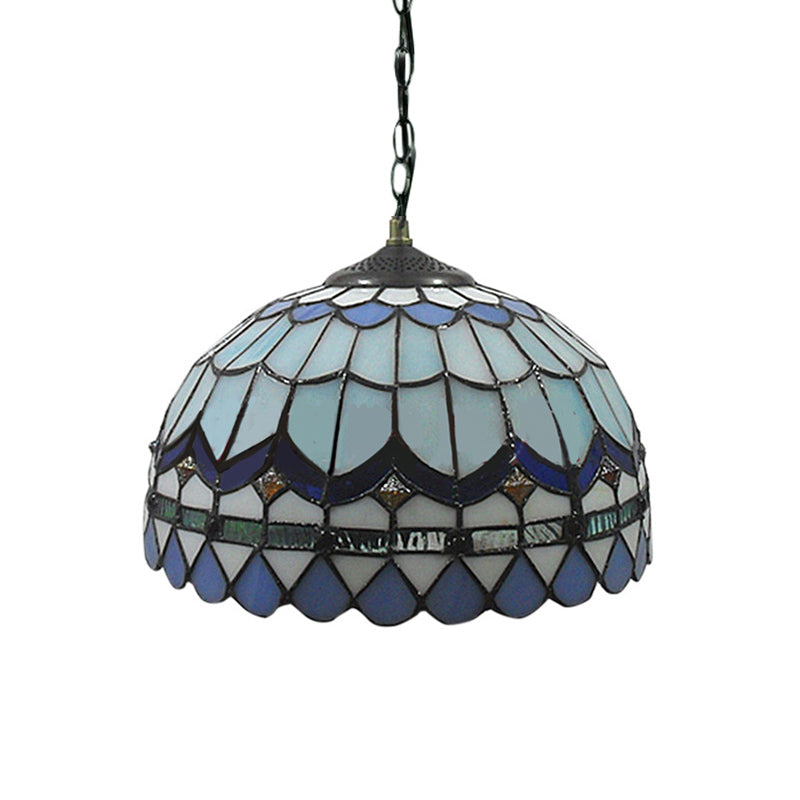 Ombra a cupola sospensione soggiorno in vetro colorato in vetro tradizionale Tiffany appeso la luce in blu