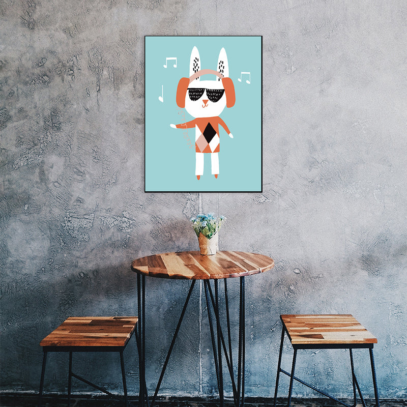 Cat with Headset Canvas Wall Art Green Kids Style Painting for Dining Room, Multiple Sizes