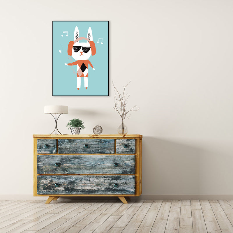 Cat with Headset Canvas Wall Art Green Kids Style Painting for Dining Room, Multiple Sizes