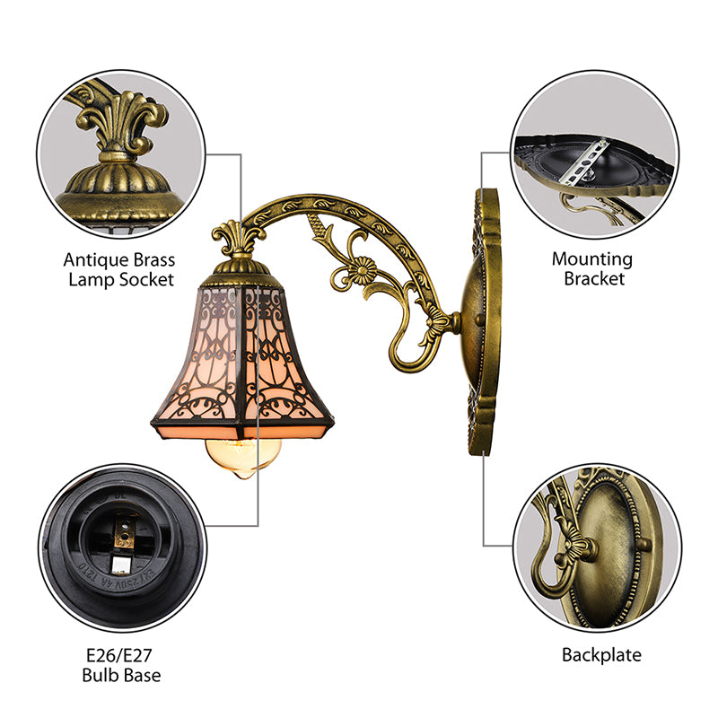 Art Glass Bell Wall Light with Carved Arm 1 Head Vintage Tiffany Wall Lamp in Black for Outdoor