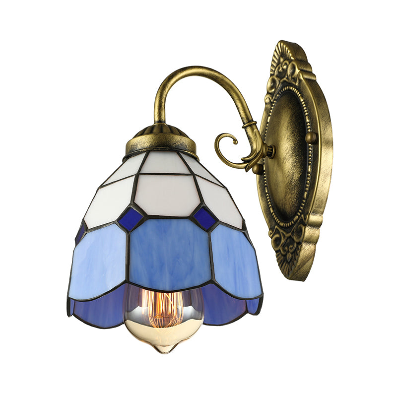 Vintage Style Grid Dome Wall Sconce 1 Bulb Art Glass Wall Lamp with Curved Arm in Blue for Bathroom