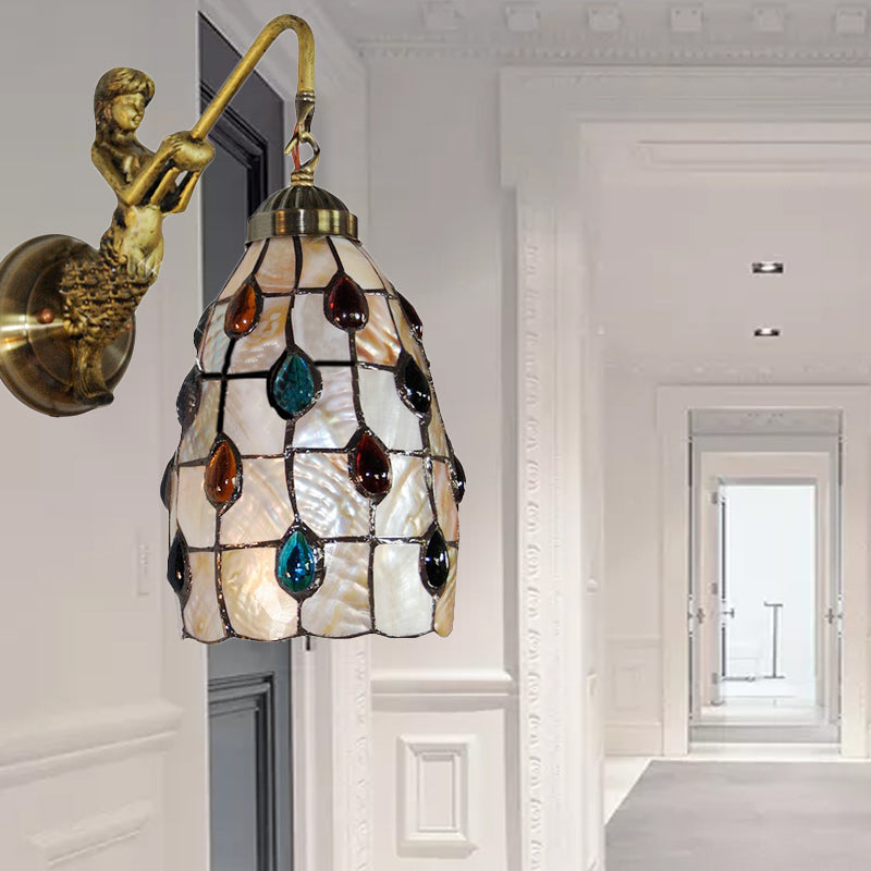 Elongated Wall Mount Light Fixture Tiffany Shell 1 Head Beige Sconce Light with Mermaid Backplate