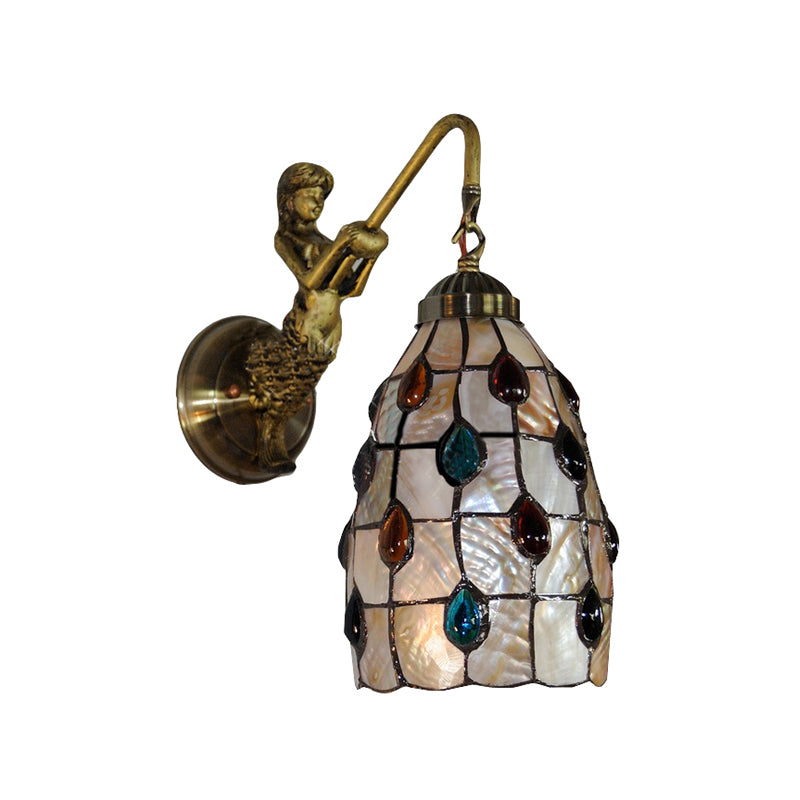 Elongated Wall Mount Light Fixture Tiffany Shell 1 Head Beige Sconce Light with Mermaid Backplate