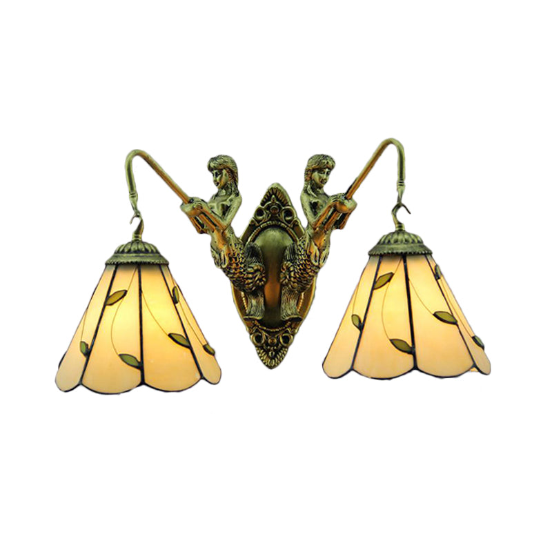 Lily Beige Glass Sconce Light Fixture Tiffany 2 Heads Brass Wall Mounted Light with Mermaid Backplate