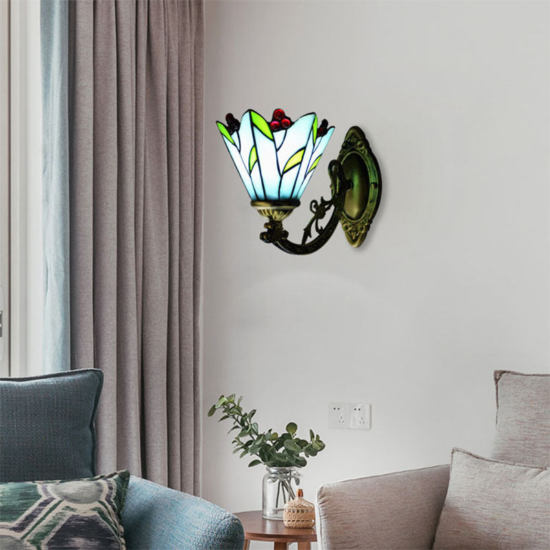 Stained Glass Flower and Leaf Wall Light 1 Head Antique Tiffany Wall Sconce in Blue for Kitchen
