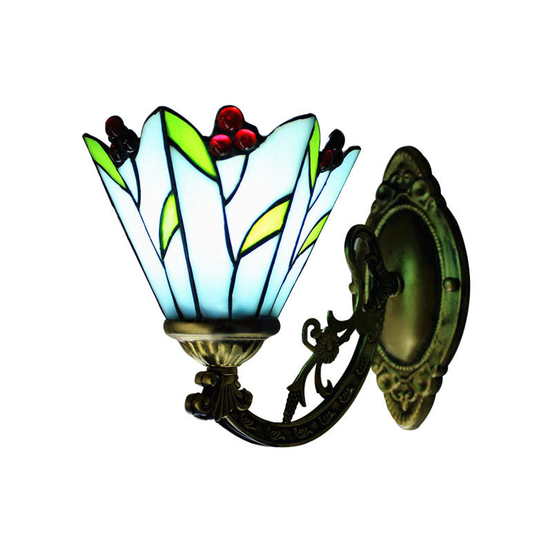 Stained Glass Flower and Leaf Wall Light 1 Head Antique Tiffany Wall Sconce in Blue for Kitchen