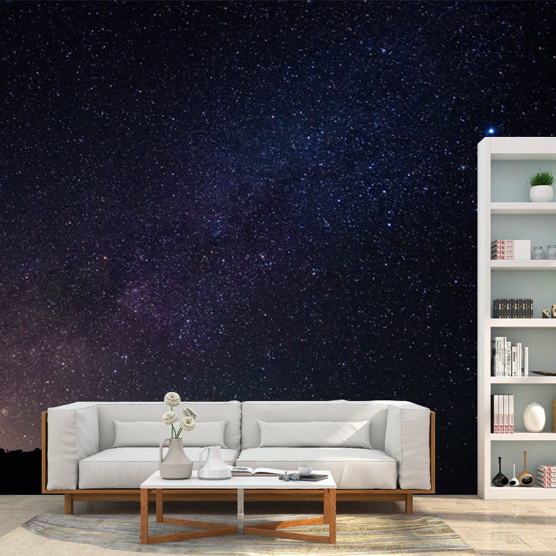 Mountain and Night Stars Mural Decal Black-Blue Contemporary Wall Decor for Living Room