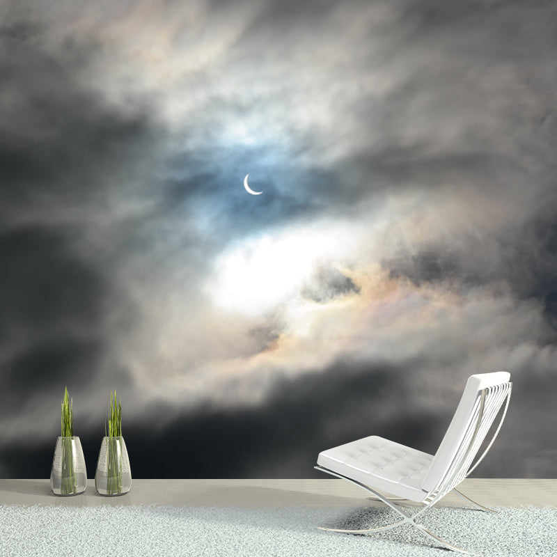 Modernist Crescent Moon Mural Grey and White Cloudy Sky Wall Decor for Living Room