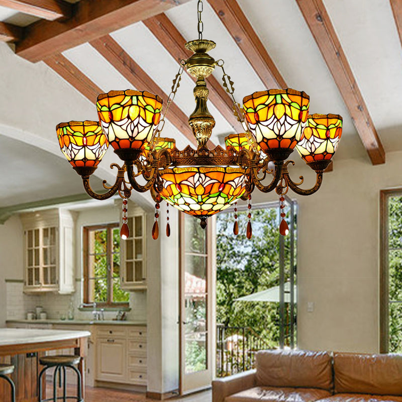 Tiffany Rustic Orange Chandelier Flower Stained Glass Pendant Lamp with Agate for Living Room