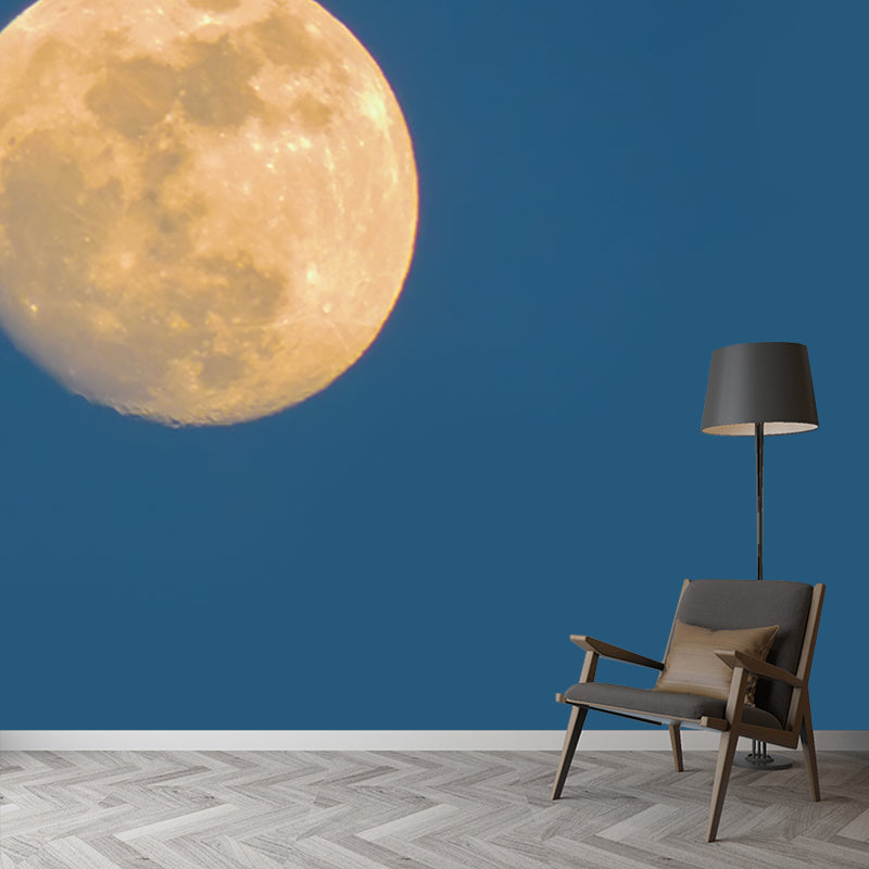 Blue-Yellow Gibbous Moon Mural Astronomy Modernist Washable Wall Decor for Bedroom