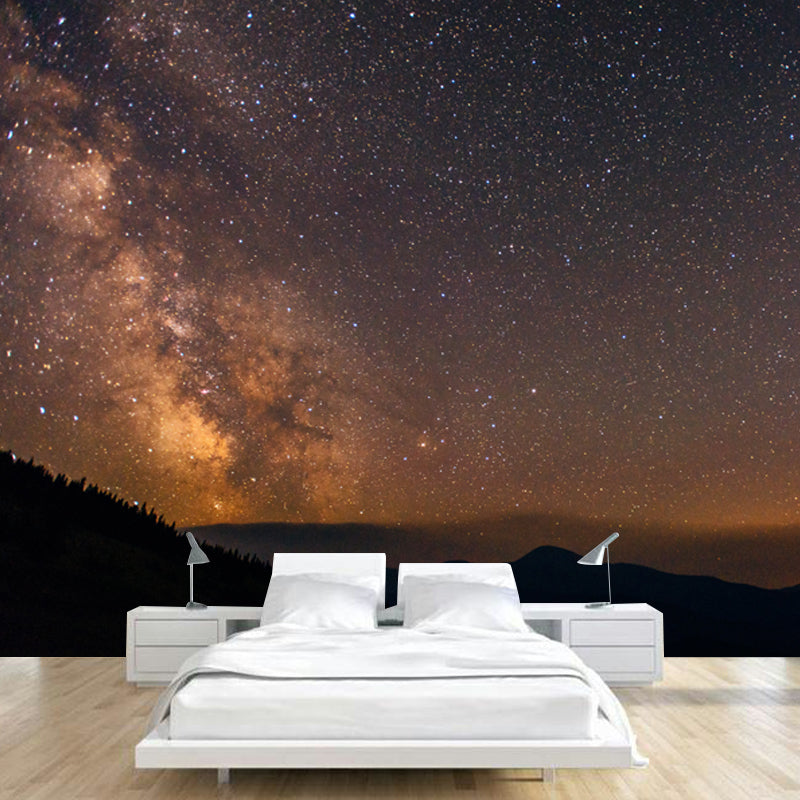 Whole Night Mountain Stargazing Mural Bedroom Starry Sky Wall Covering in Yellow-Black, Size Optional