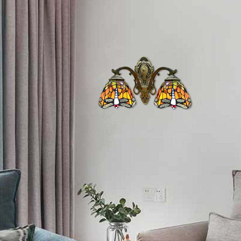Tiffany Rustic Dragonfly Wall Lamp Stained Glass 2 Bulbs Orange Wall Sconce for Coffee Shop