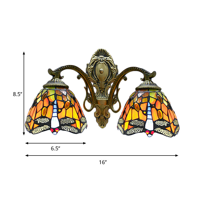 Tiffany Rustic Dragonfly Wall Lamp Stained Glass 2 Bulbs Orange Wall Sconce for Coffee Shop