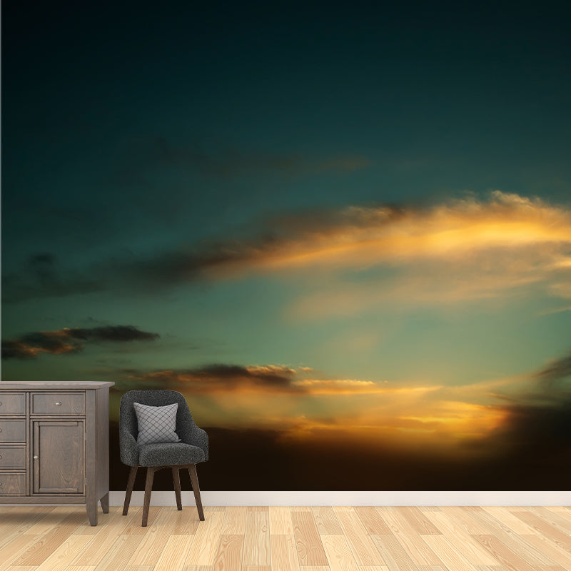 Contemporary Feather-Like Cloud Mural Green-Yellow Living Room Wall Art, Custom Made