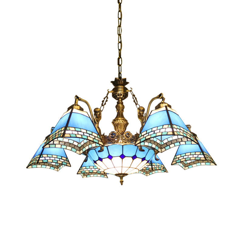 Pyramid Pendant Chandelier 9 Lights  Stained Glass Mediterranean Hanging Fixture in Blue