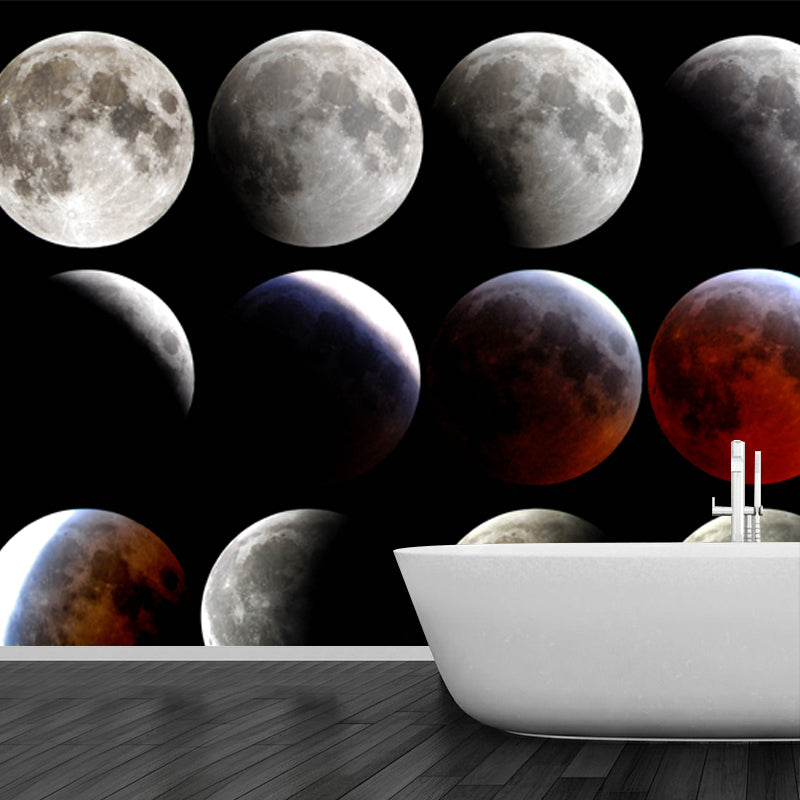 Photography Lunar Eclipse Wall Mural for Kids Bedroom, Grey-Red, Custom Size Available