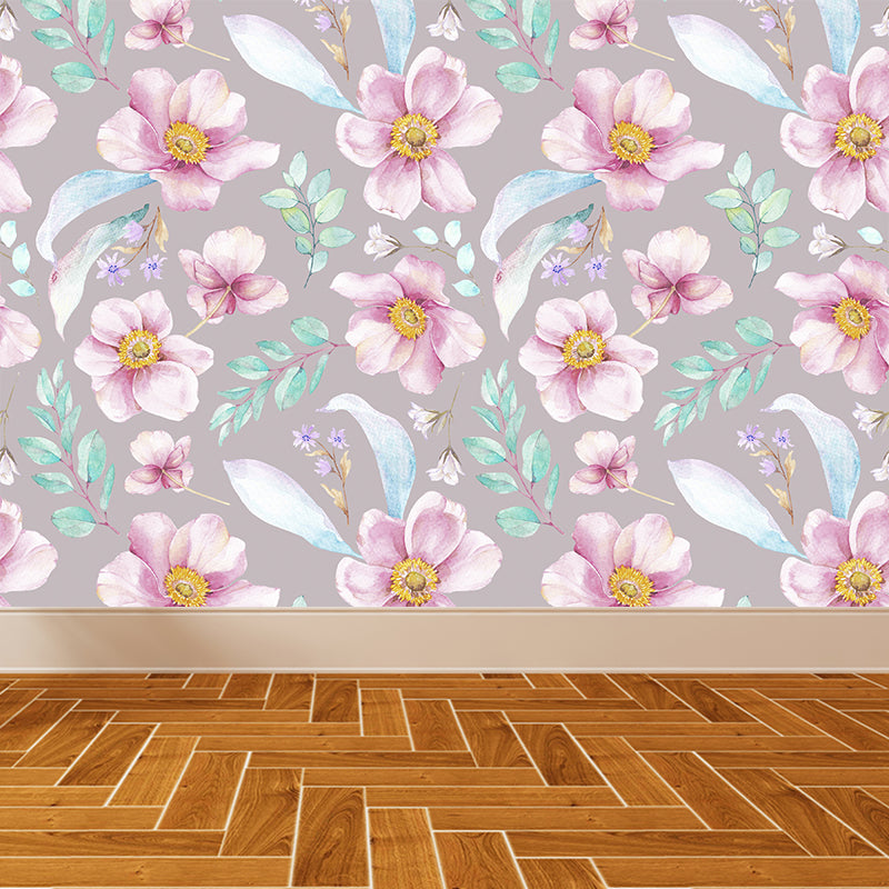 Contemporary Girls Mural Wallpaper Floral Design Light Color Wall Covering, Custom