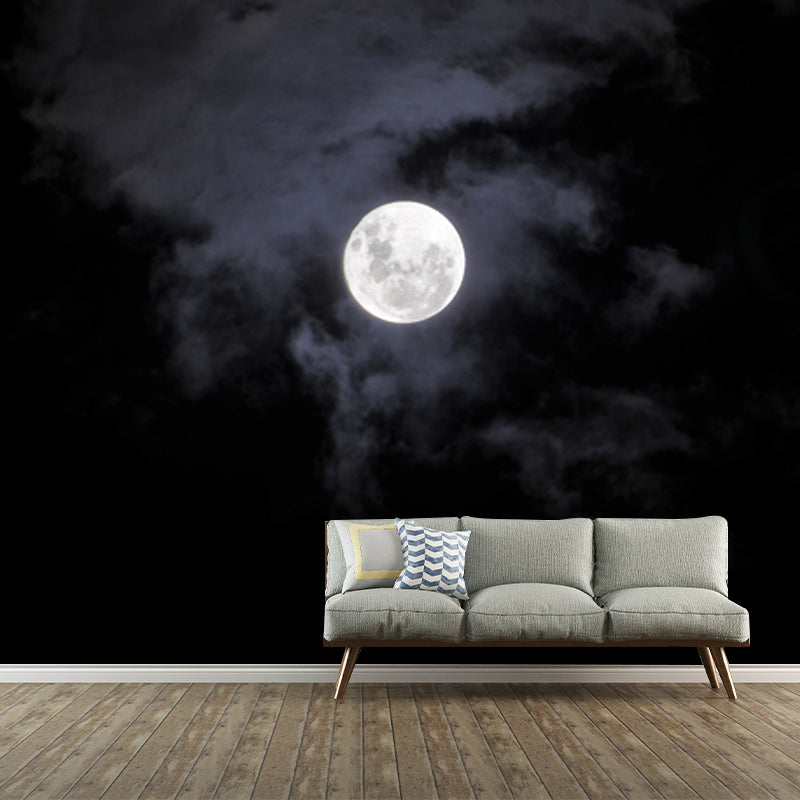 Moon on Misty Sky Mural Decal in Black-White Modern Art Wall Covering for Accent Wall