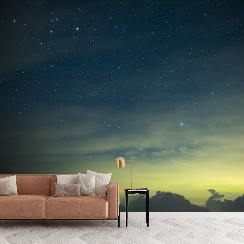 Large Modern Mural Blue-Yellow Mountain and Twinkling Star Sky Wall Decor, Custom-Made
