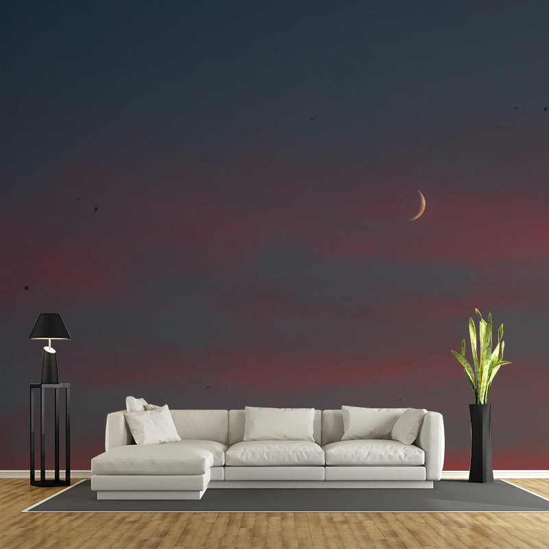 Big Dusk New Moon Mural Blue-Yellow Non-Woven Fabric Wall Art, Stain Resistant, Custom Made