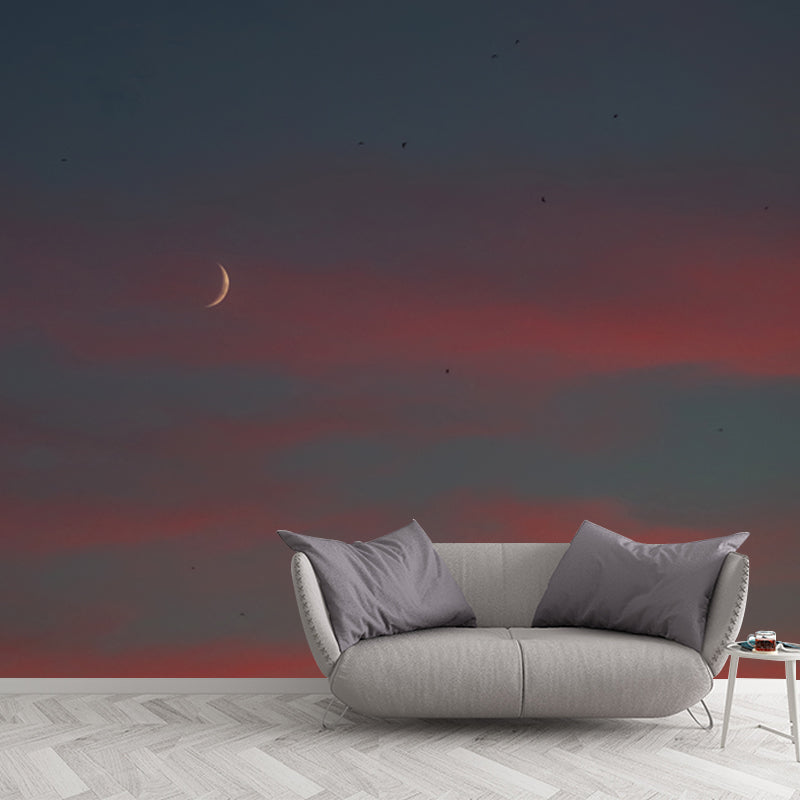 Big Dusk New Moon Mural Blue-Yellow Non-Woven Fabric Wall Art, Stain Resistant, Custom Made