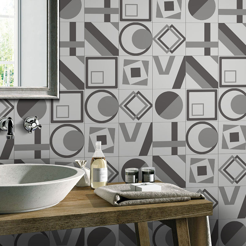 Grey Geometric Shape Wallpaper Panel Set Peel and Paste Modern Bathroom Wall Art