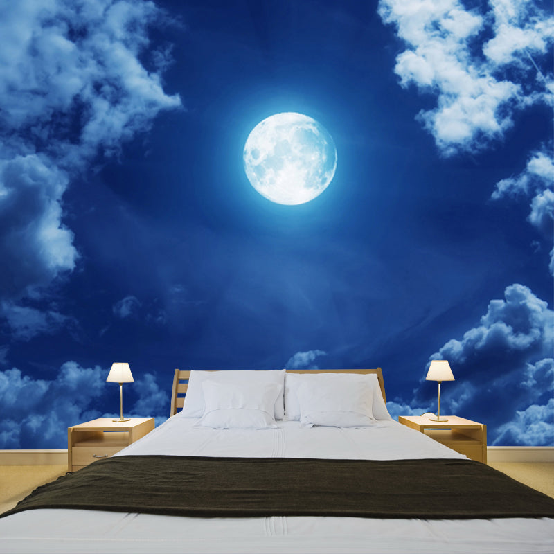 Blue-White Modernist Mural Decal Big Moon in Cloudy Night Sky Wall Covering for Home