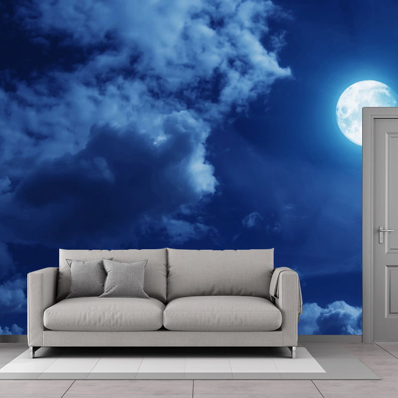 Blue-White Modernist Mural Decal Big Moon in Cloudy Night Sky Wall Covering for Home