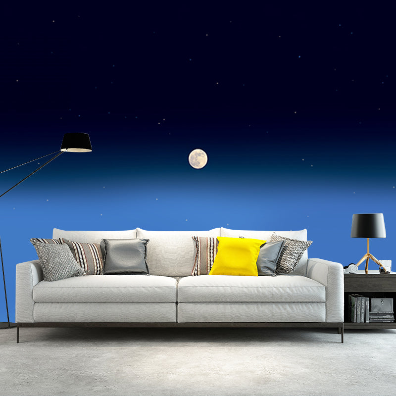 Large Distant Moon Mural Wallpaper Blue Non-Woven Wall Art, Washable, Custom Made