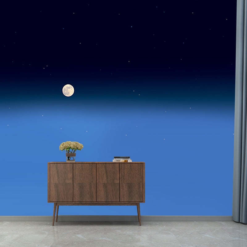 Large Distant Moon Mural Wallpaper Blue Non-Woven Wall Art, Washable, Custom Made