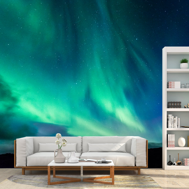 Non-Woven Huge Aqua Mural Modern Aurora on Night Starry Sky Wall Art, Custom Print