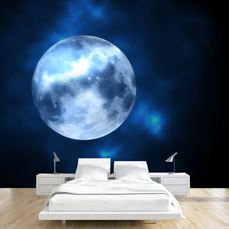 Contemporary Full Moon Mural Non-Wove Washable Black-Blue Wall Art for Living Room