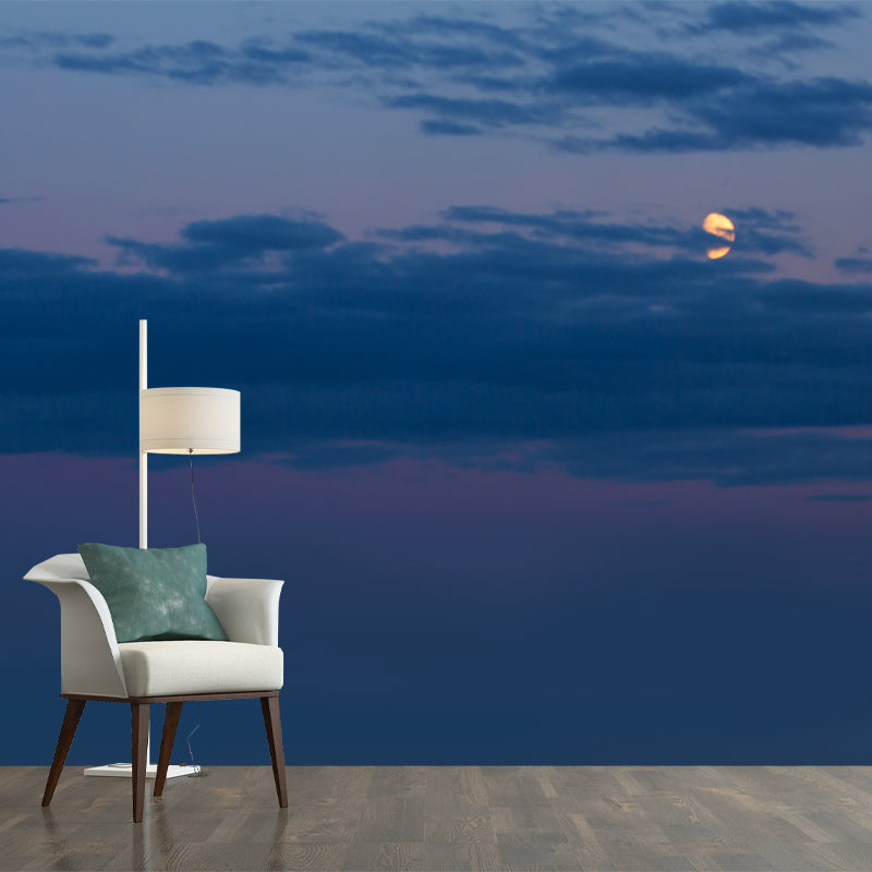 Blue Lake at Night Mural Moon Behind the Cloud Modern Washable Wall Decor Above Bed