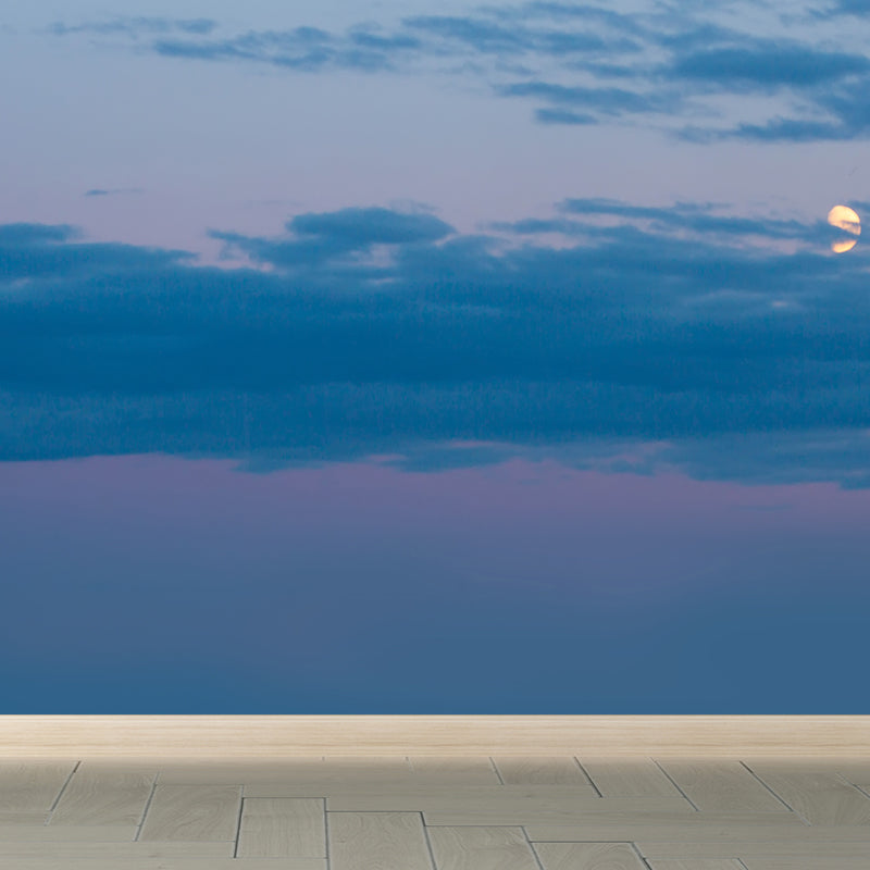 Blue Lake at Night Mural Moon Behind the Cloud Modern Washable Wall Decor Above Bed