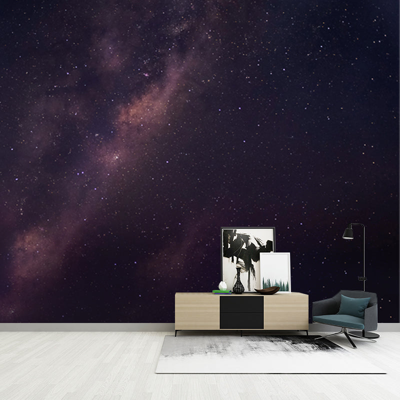Star and Distant Galaxy Mural in Purple-Black Modern Style Wall Art for Living Room
