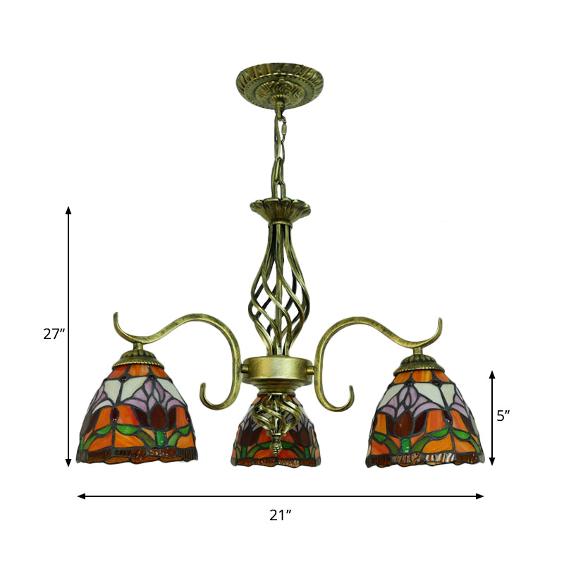 Dome Restaurant Hanging Lamp with Flower Stained Glass 3 Lights Tiffany Rustic Chandelier in Orange