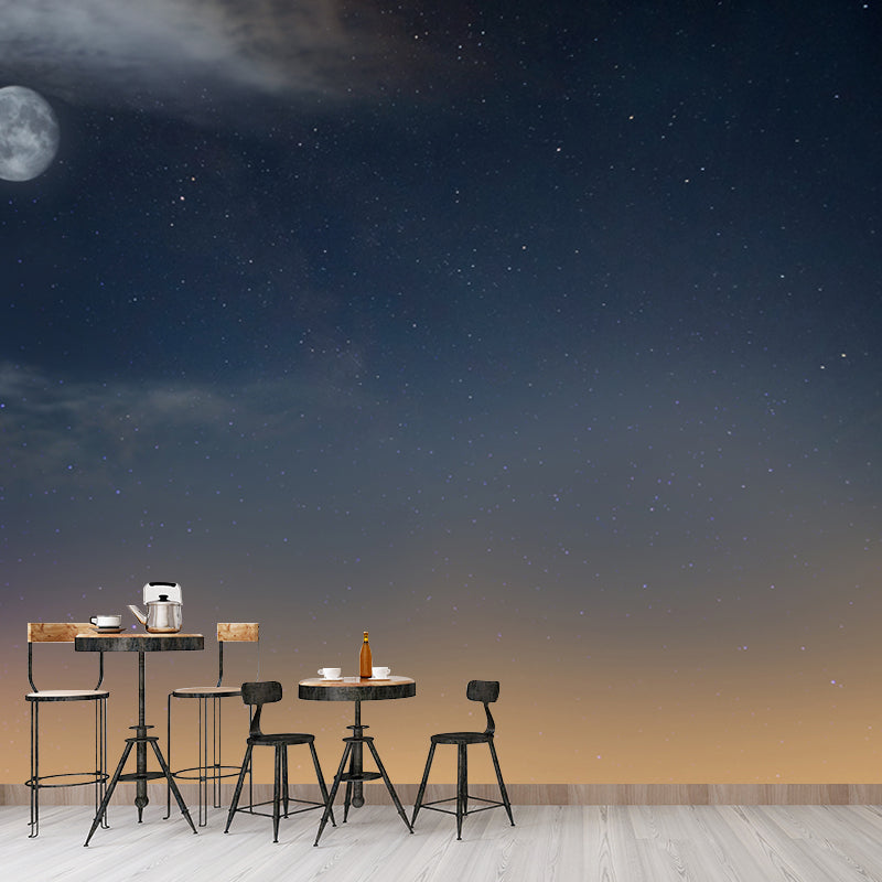 Night Moon and Stars Mural Modernist Non-Woven Cloth Wall Decor in Yellow and Blue