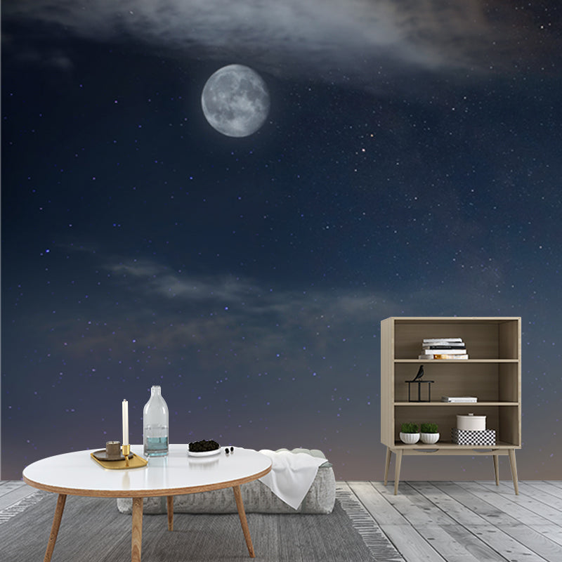 Night Moon and Stars Mural Modernist Non-Woven Cloth Wall Decor in Yellow and Blue