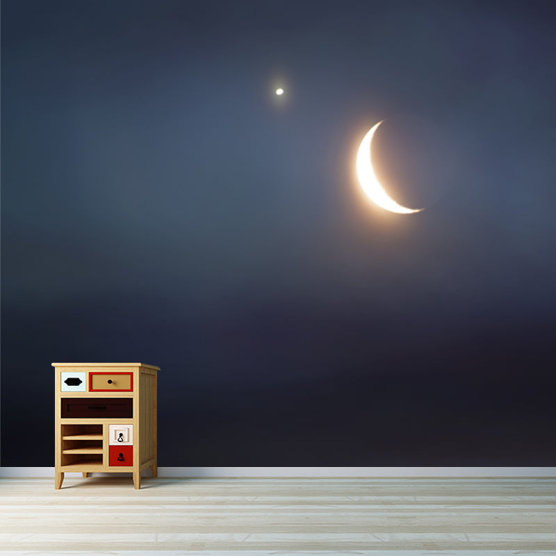 Shiny Night Sky Crescent Mural Wallpaper for Bedroom, Blue-Yellow, Made to Measure