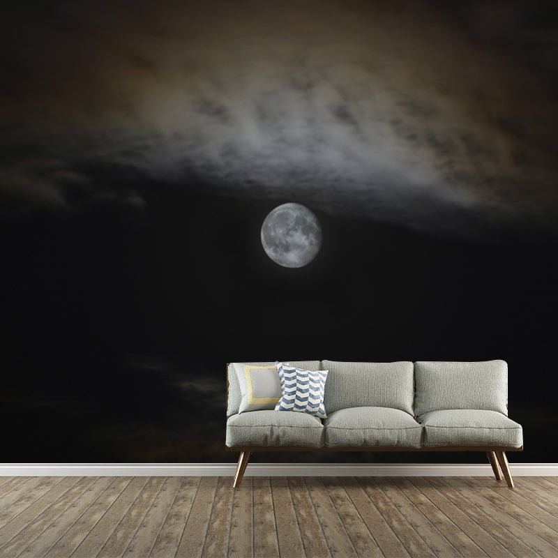 Full Moon on Sky Mural Black-Grey Modern Wall Covering for Accent Wall, Size Optional