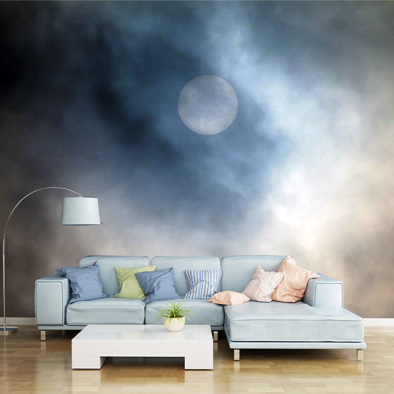 Moon and Foggy Sky Mural Blue-Yellow Modern Style Wall Decoration for Living Room