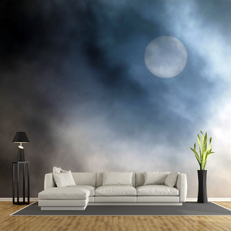 Moon and Foggy Sky Mural Blue-Yellow Modern Style Wall Decoration for Living Room
