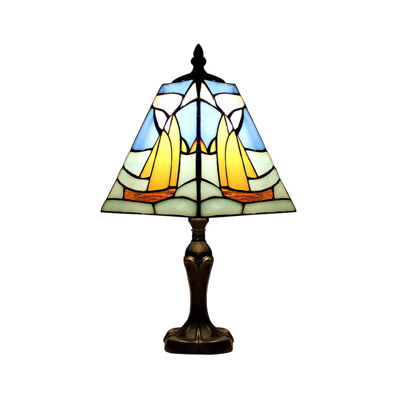 Blue Sea Desk Light with Boat 1 Bulb Nautical Stained Glass Nautical Table Light for Study Room