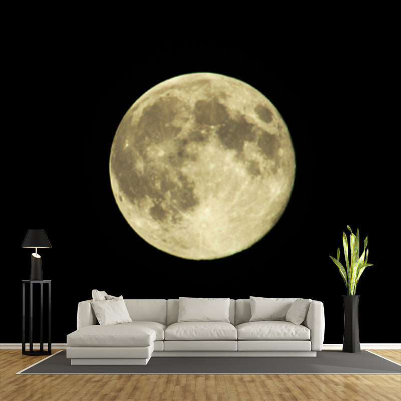Minimalist Full Moon Wallpaper Mural Black-Yellow Planetary Wall Art, Non-Woven Fabric