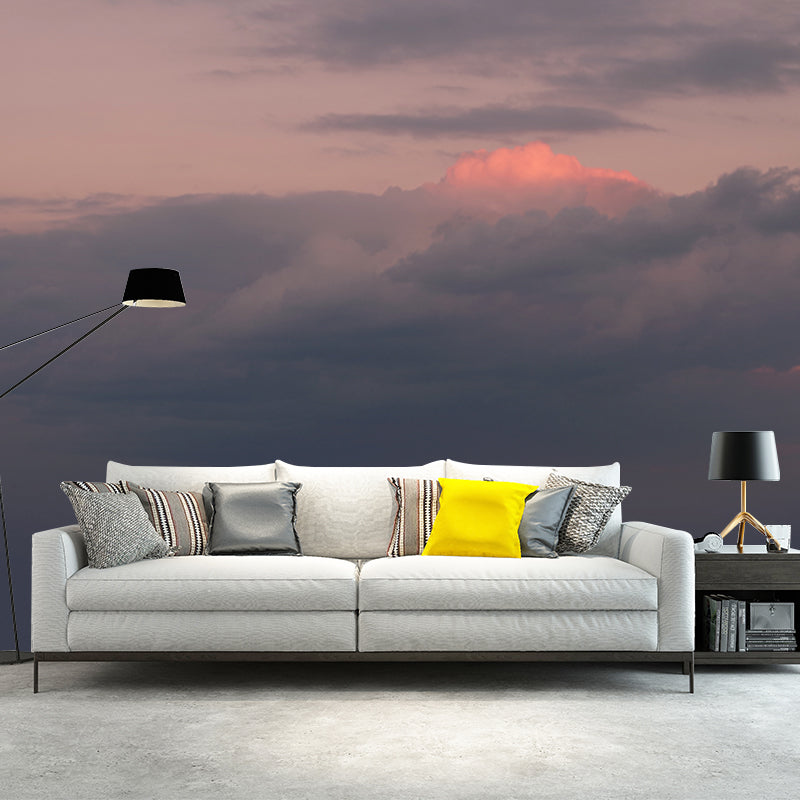 Grey-Orange Dusk Cloud Mural Moisture Resistant Modern Bedroom Wall Art, Optional Size