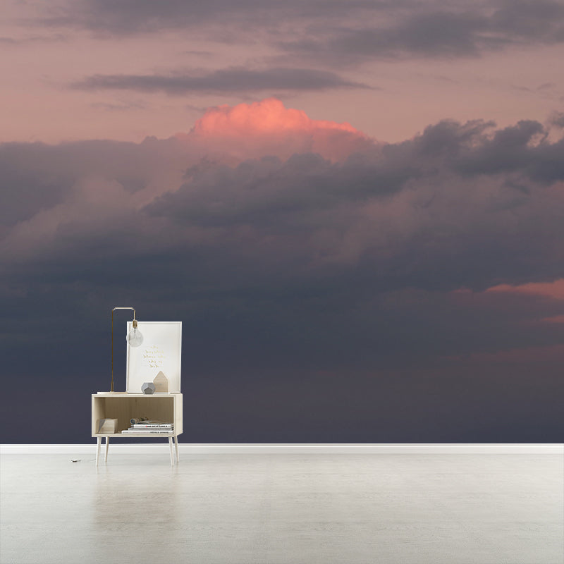 Grey-Orange Dusk Cloud Mural Moisture Resistant Modern Bedroom Wall Art, Optional Size