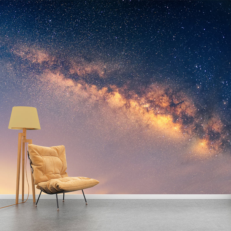 Night Sky Galaxy Printed Mural in Blue-Yellow Modernist Wall Art for Living Room